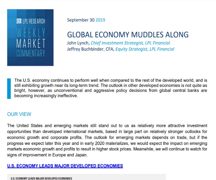 Global Economy Muddles Along | Weekly Market Commentary | September 30, 2019