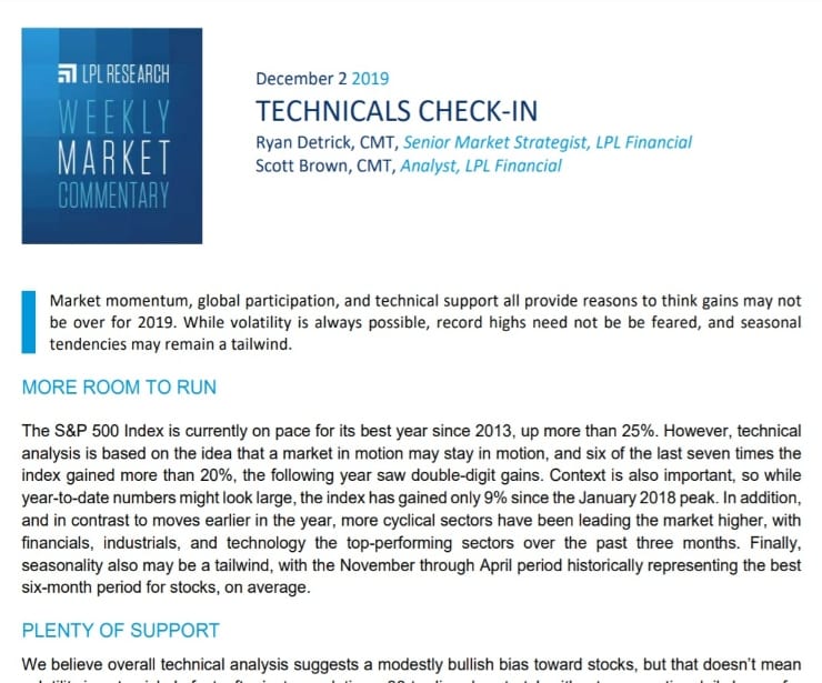 Technicals Check-In | Weekly Market Commentary | December 2, 2019