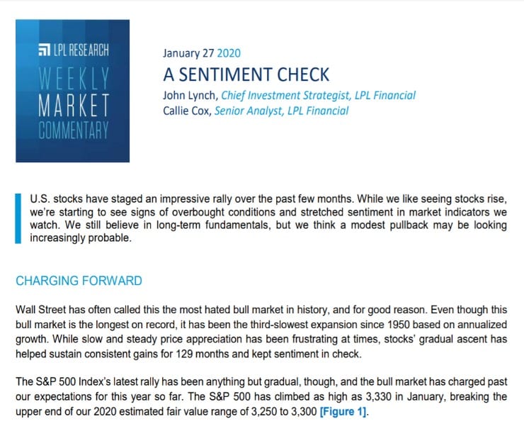 A Sentiment Check | Weekly Market Commentary | January 27, 2020