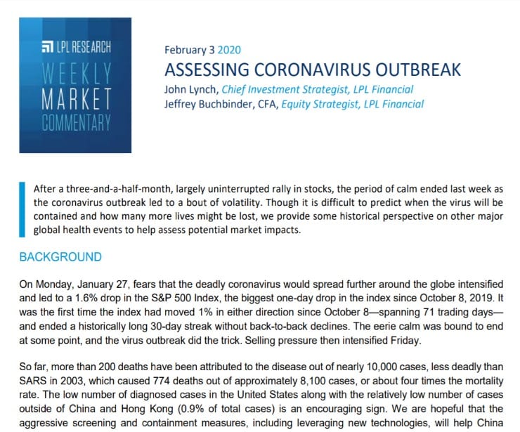 Assessing Coronavirus Outbreak | Weekly Market Commentary | February 3, 2020