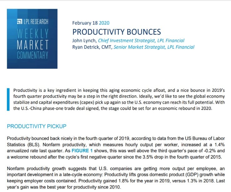 Productivity Bounces | Weekly Market Commentary | February 18, 2020
