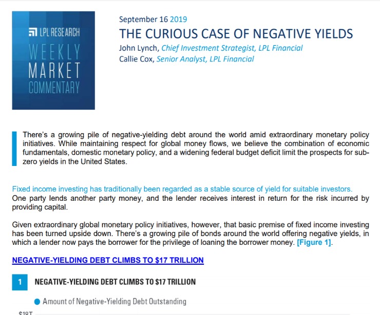 The Curious Case of Negative Yields | Weekly Market Commentary | September 16, 2019